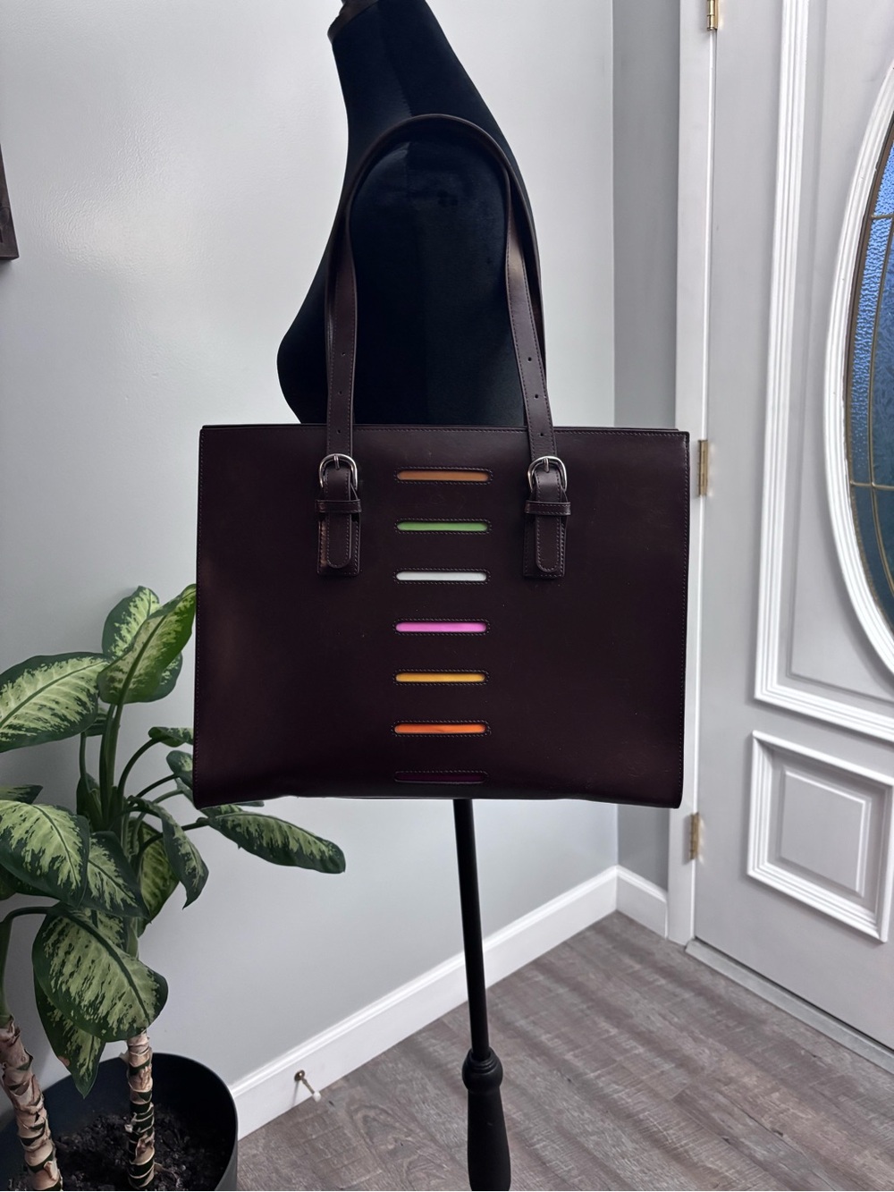 Vintage Dark Brown Leather Jack Georges Tote with Colorful Accents
